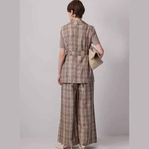Touché Privé Two-Piece Suit Plaid 100% Linen Belted Vest & Wide-Leg Pant Size XL - Picture 2 of 7